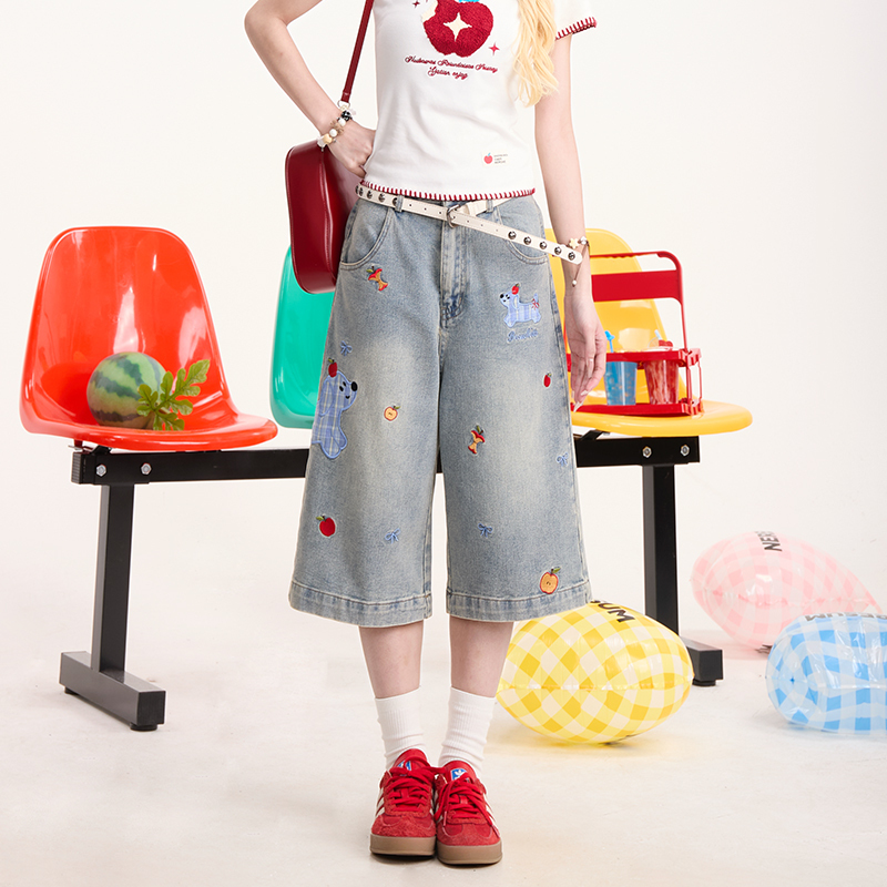 格紋小狗貼布七分牛仔褲女美式復古慵懶小眾闊腿顯瘦短褲