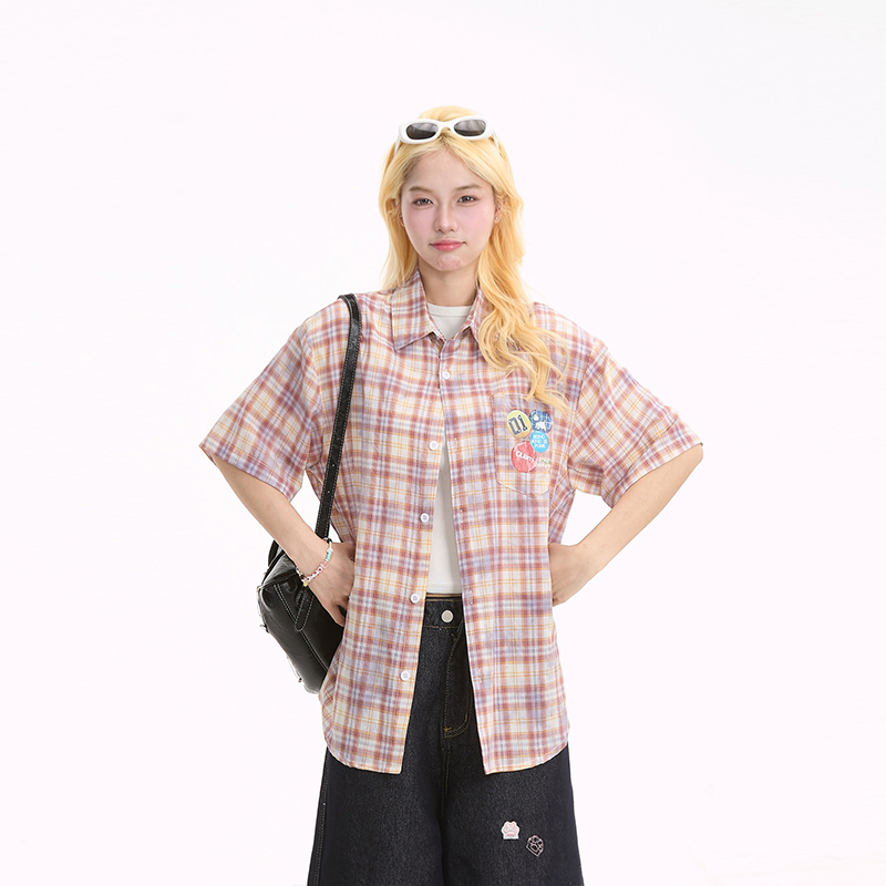 夏季藍色格子短袖襯衫女美式潮牌寬鬆百搭休閒襯衣