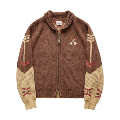 印第安復古咖色加厚針織雙頭拉鍊翻領刺繡毛衣開衫外套秋冬女