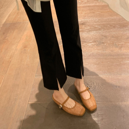 度假風草編方頭涼拖懶人半拖女夏季