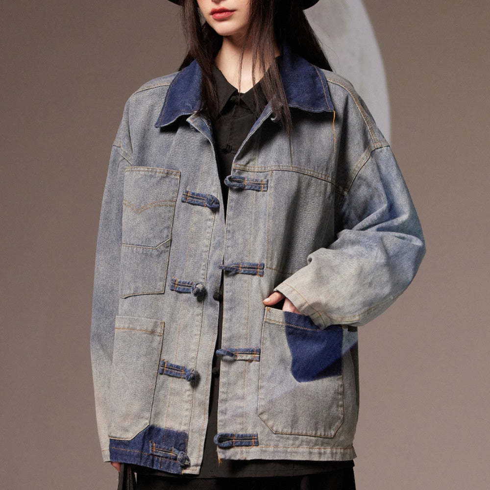 美式潮牌水洗做舊盤扣牛仔夾克女ins潮流休閒外套