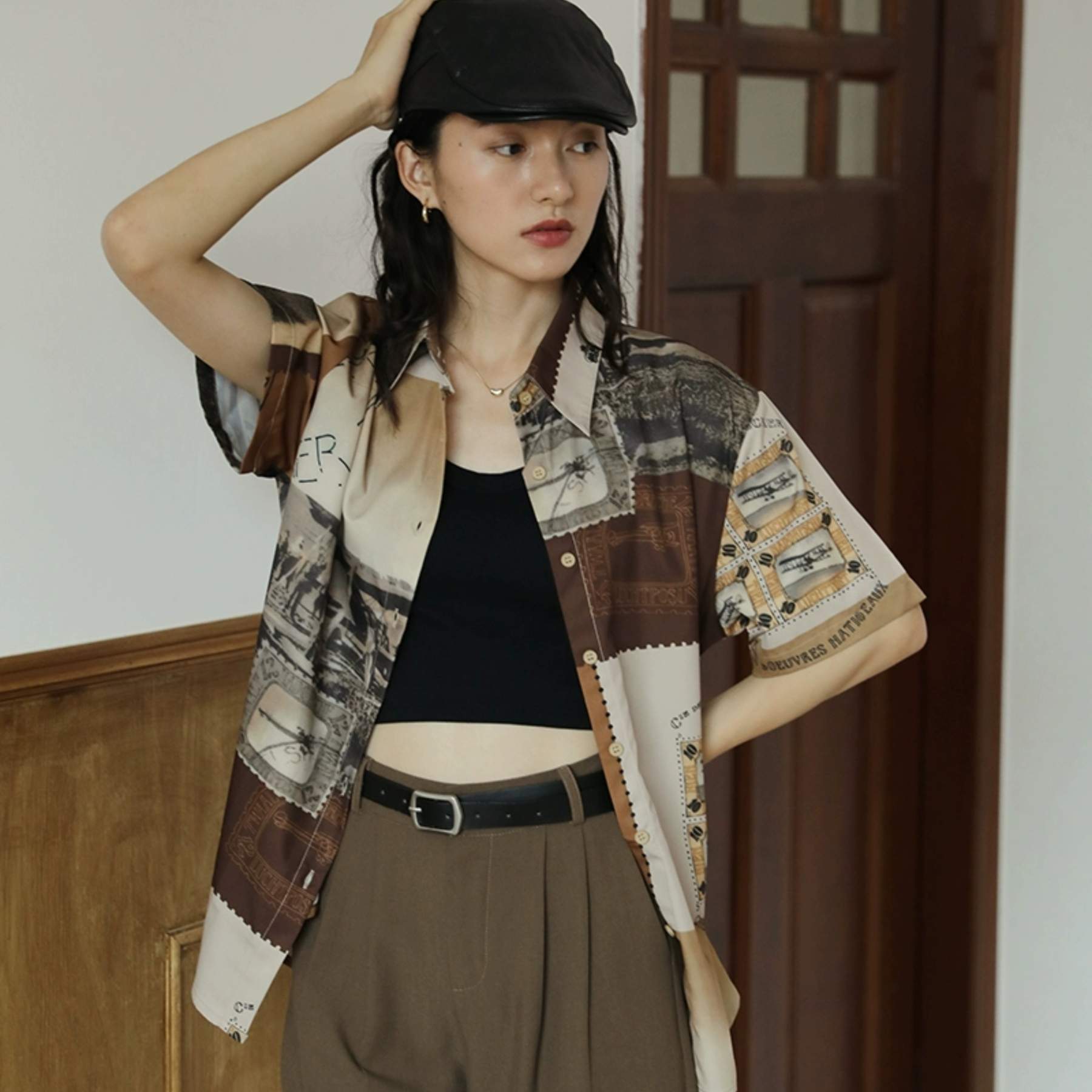 復古港風短袖襯衫女2025年夏季新款顯瘦時尚感寬鬆襯衣上衣