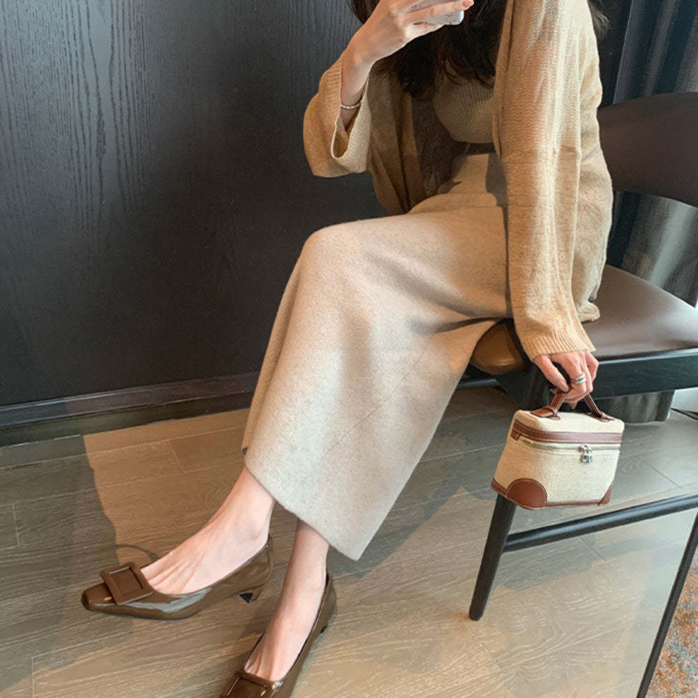 法式真皮方頭方扣小猫跟單鞋女ol通勤鞋