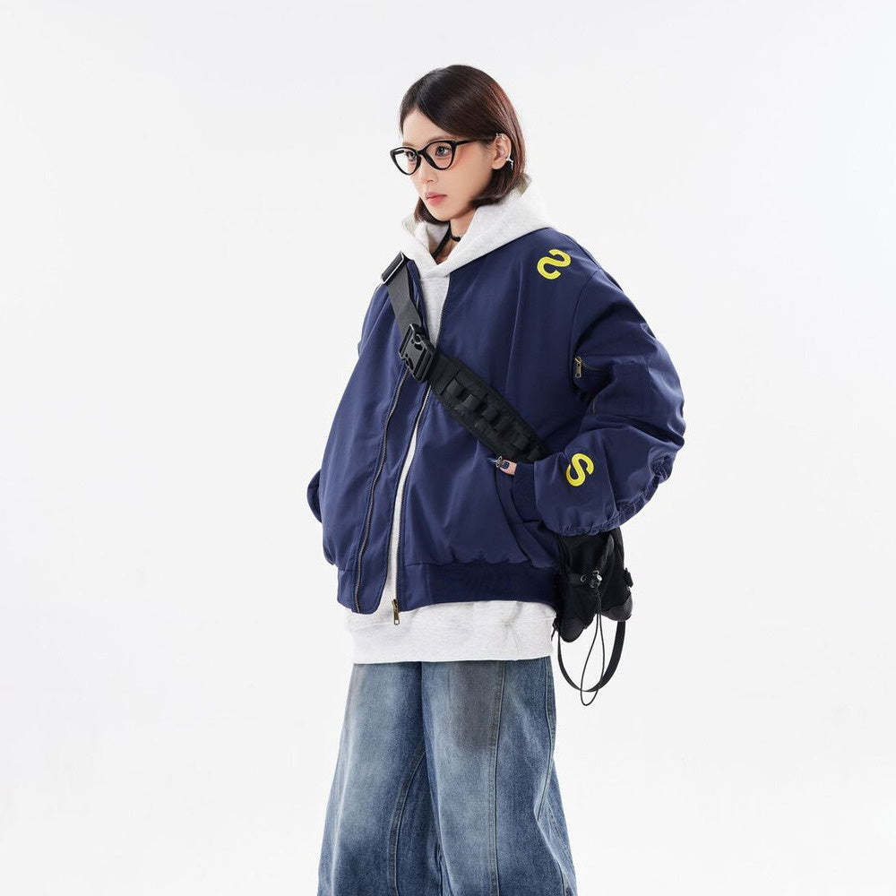 美式復古刺繡字母飛行夾克寬鬆百搭外套棉服高街