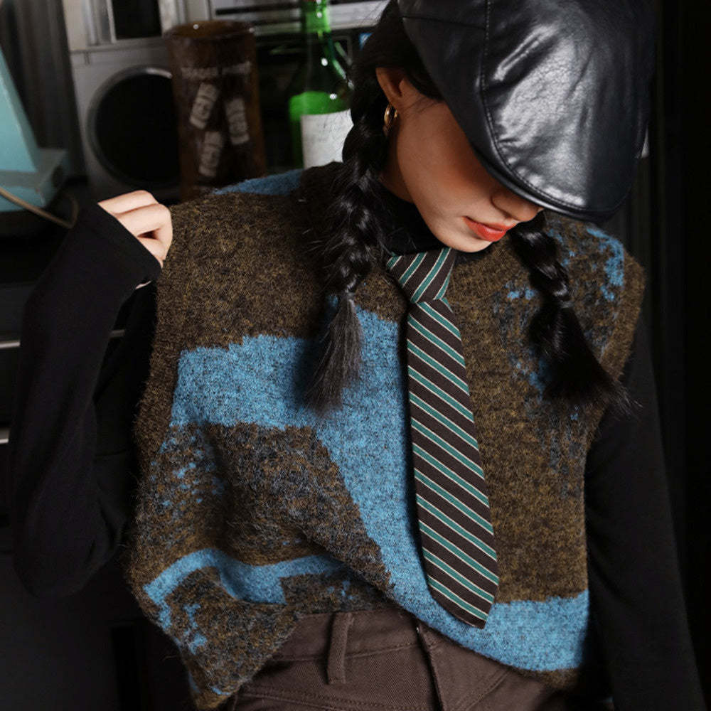 復古撞色咖啡別致百搭針織馬甲女秋冬新款時髦寬鬆上衣