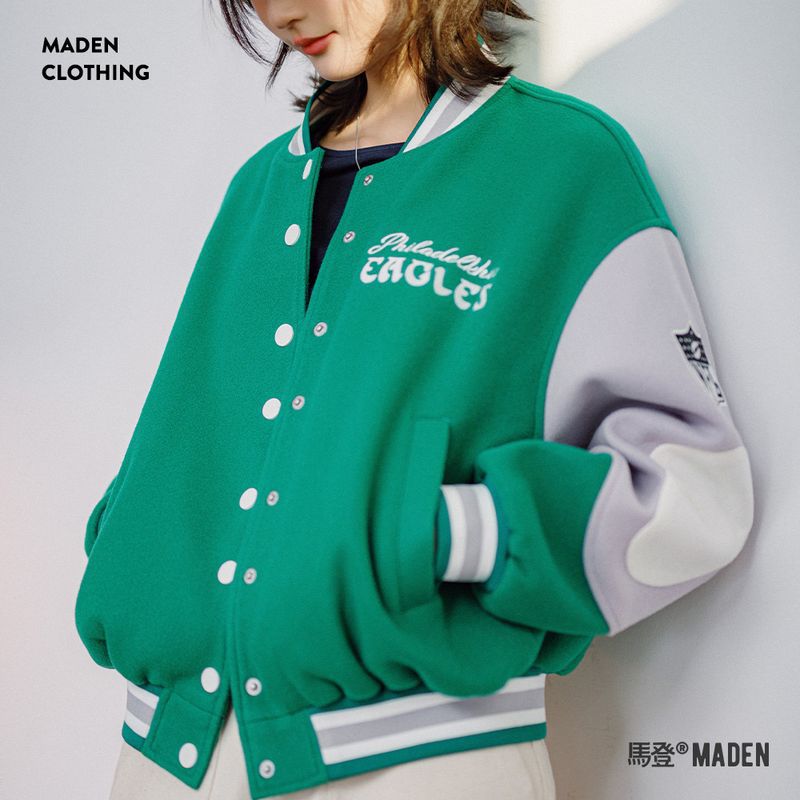 馬登女裝 美式撞色拼接棒球服外套復古休閒毛呢夾克刺繡厚短上衣秋冬女