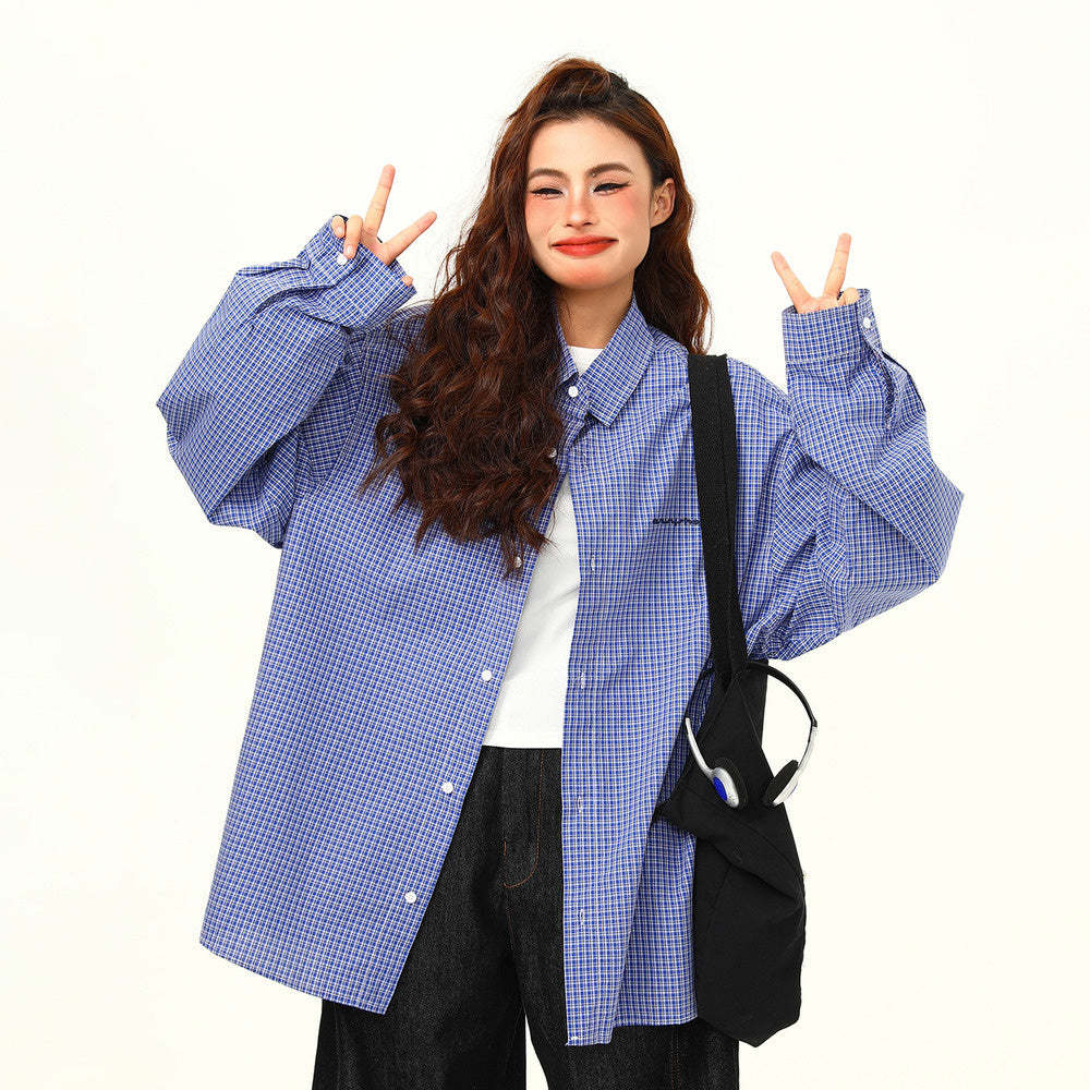 文藝感藍色格子襯衫秋季新品高級感復古百搭外穿襯衣