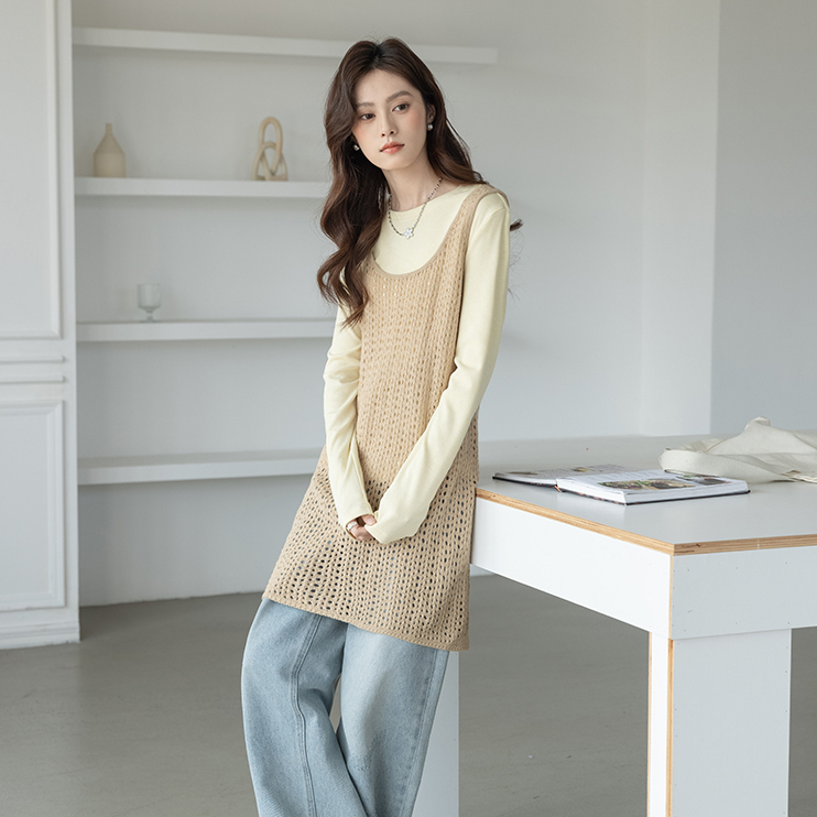 杏色疊穿鏤空背心連衣裙女2025春季韓系中長裙