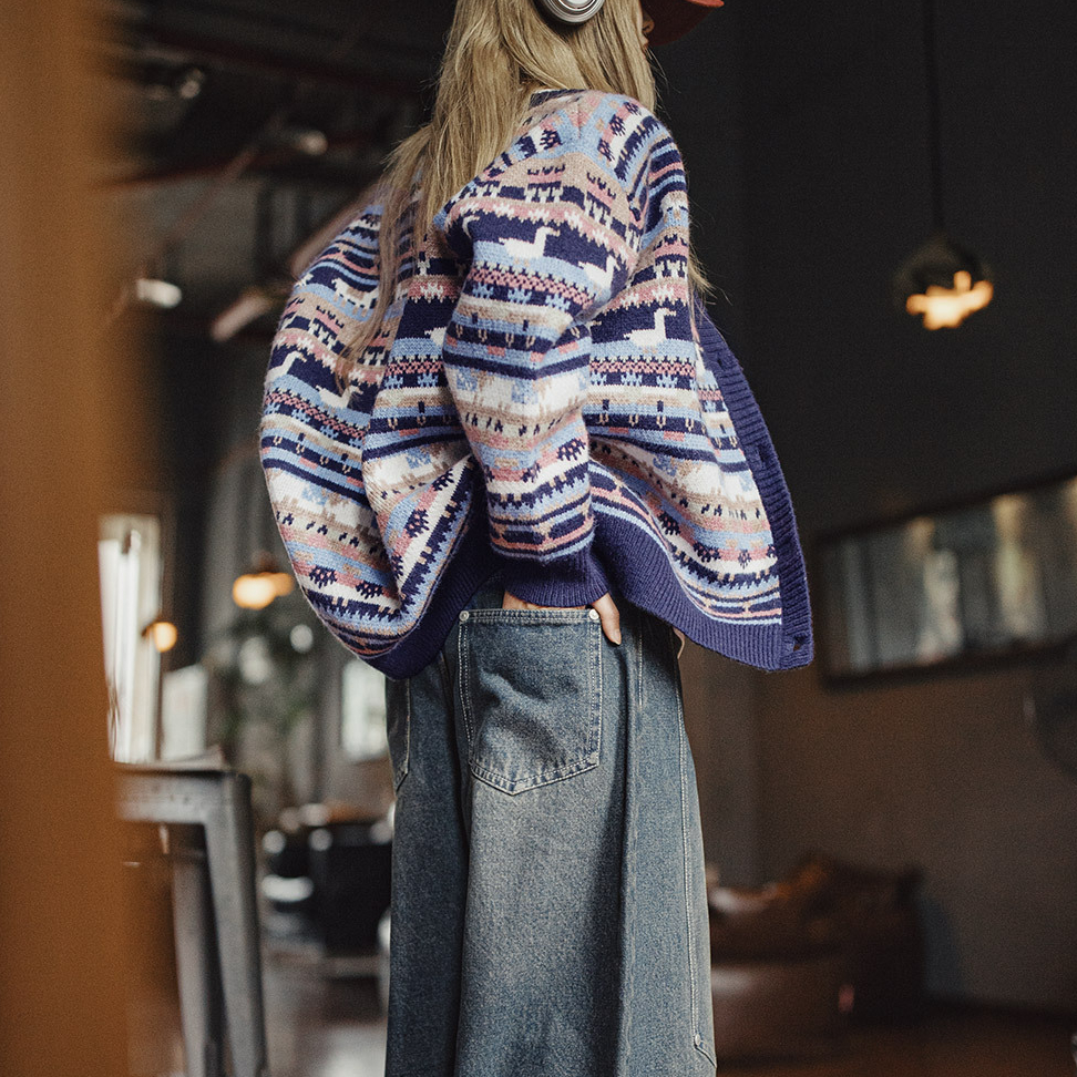 動物圖案復古寬鬆加厚費爾島針織提花毛衣開衫外套上衣女秋冬