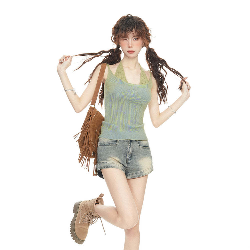 美式辣妹綠色假兩件針織吊帶背心女夏設計感小眾無袖外穿掛脖上衣