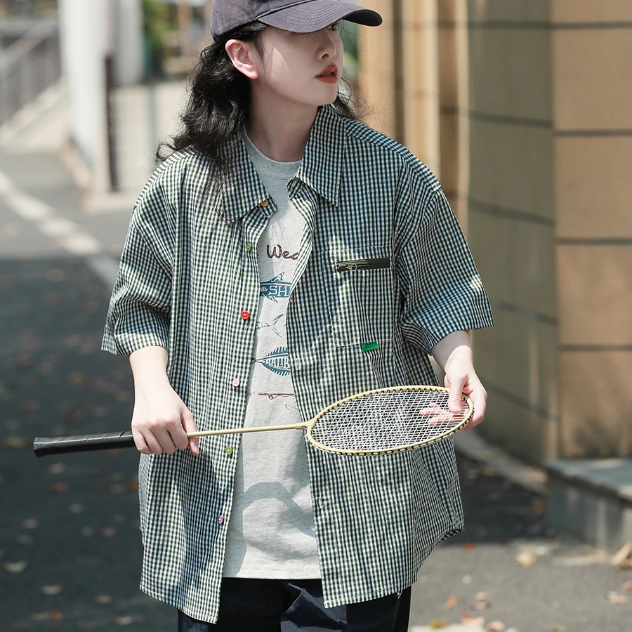 日系復古格子撞色五分袖襯衫女純棉寬鬆工裝休閒短袖襯衣