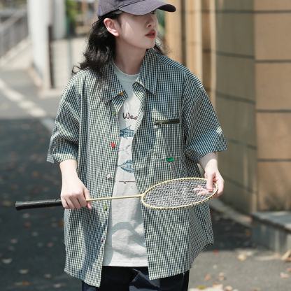 日系復古格子撞色五分袖襯衫女純棉寬鬆工裝休閒短袖襯衣