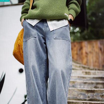 馬登女裝 復古法工褲窄版直筒牛仔褲水洗垂感闊腿褲寬鬆休閒長褲秋冬女