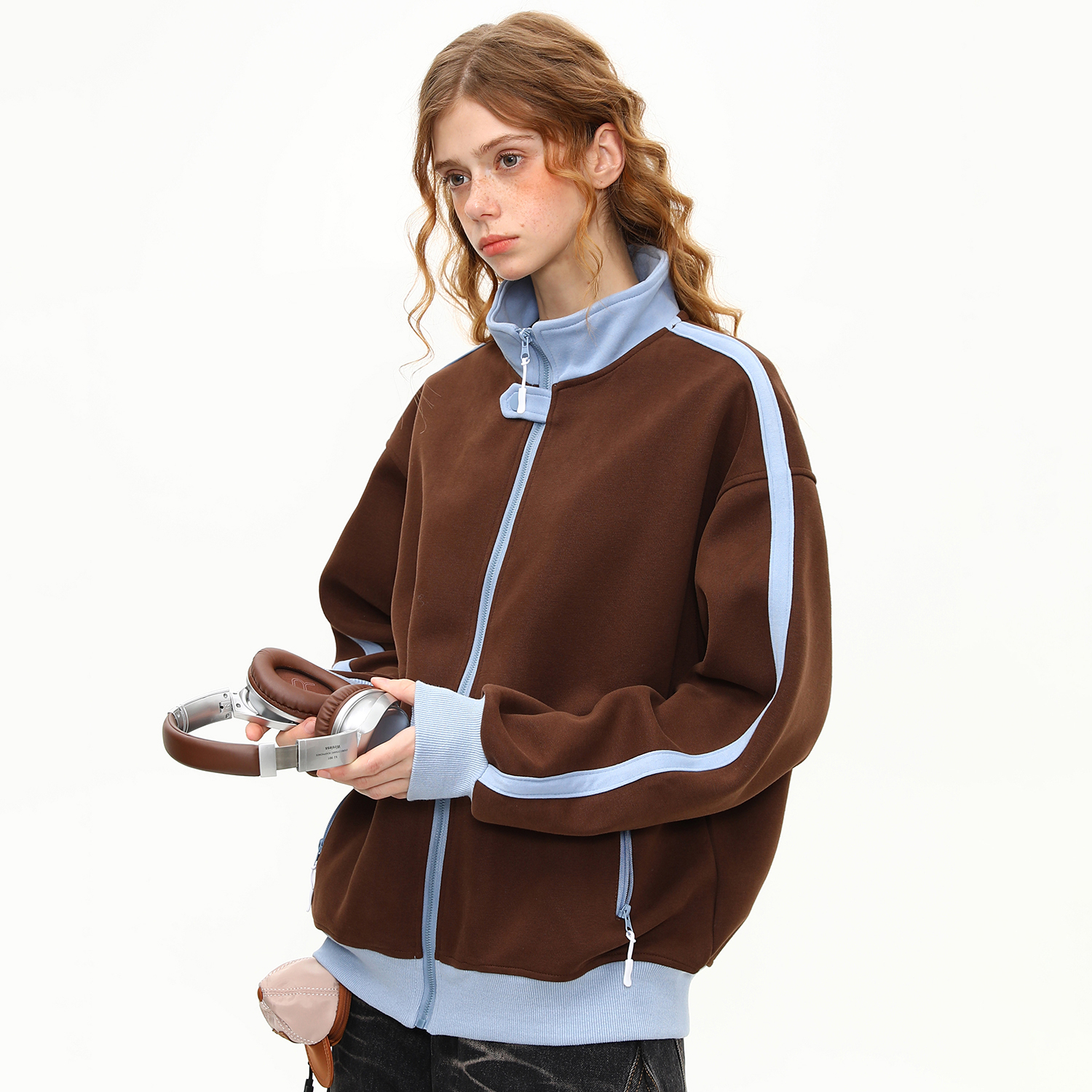 美式復古撞色立領外套女秋季新款拼接設計感衛衣夾克