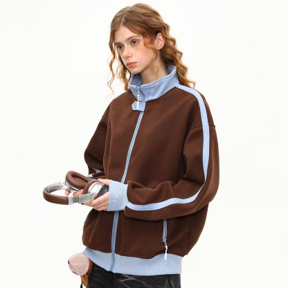 美式復古撞色立領外套女秋季新款拼接設計感衛衣夾克