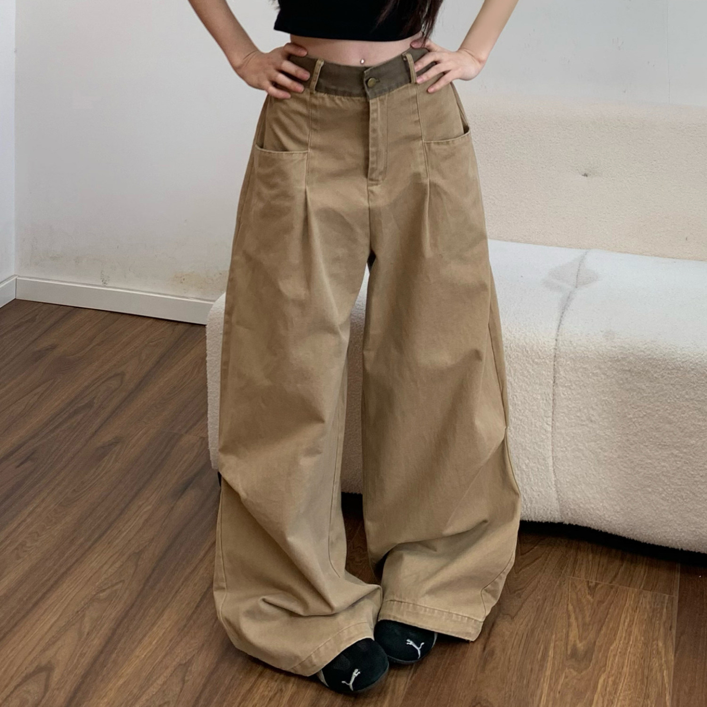 美式街頭潮牌解構工裝褲女設計感寬鬆闊腿拖地休閒長褲子