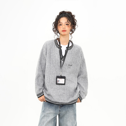 美式復古撞色縫線灰色針織衫毛衣女寬鬆中性慵懶風上衣