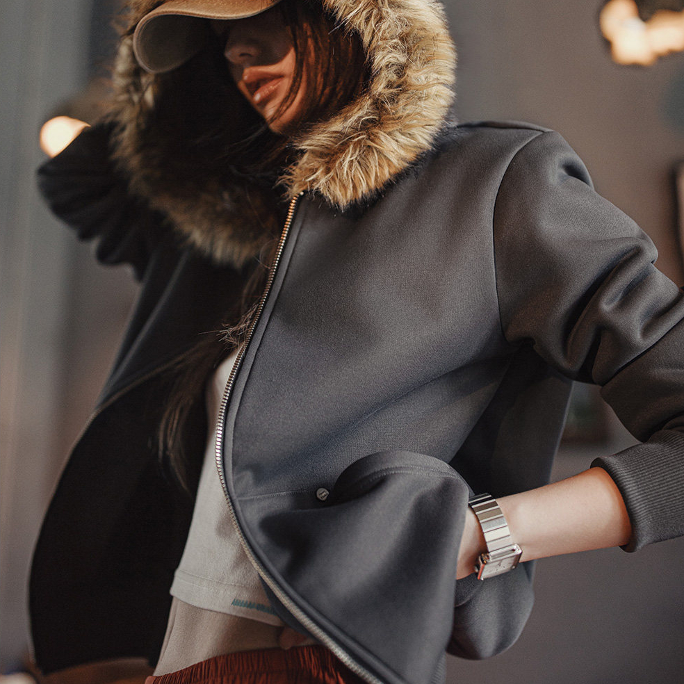 美式灰色搖粒絨保暖毛領拉鍊開衫連帽加厚衛衣外套上衣女秋冬