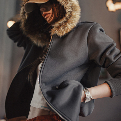 美式灰色搖粒絨保暖毛領拉鍊開衫連帽加厚衛衣外套上衣女秋冬