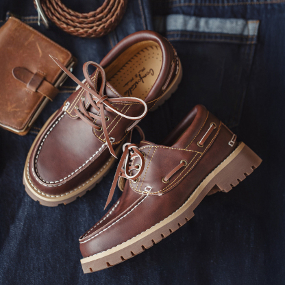 復古紅棕色老錢風系帶圓頭平底樂福鞋帆船鞋真牛皮單鞋女秋冬