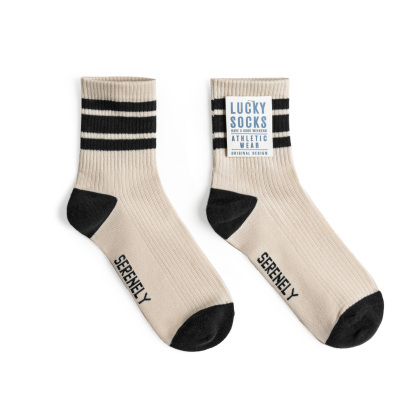 美式復古黑墨綠色三道條杠紋精梳棉吸汗透氣中筒長襪子秋女士