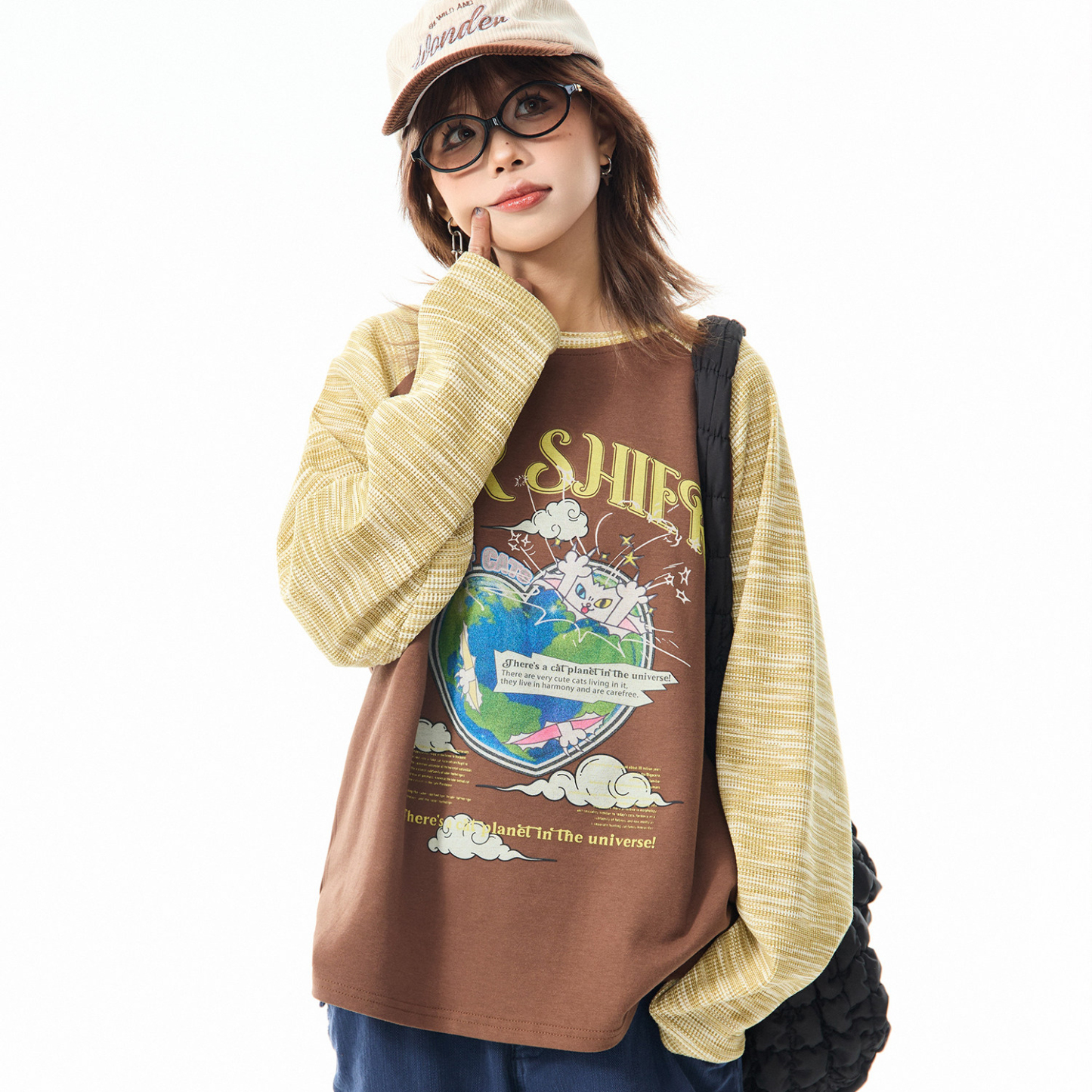 美式復古撞色條紋長袖T恤女春季插肩袖寬鬆圓領打底衫上衣
