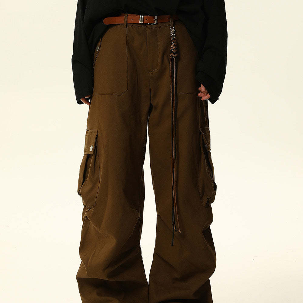 美式復古美拉德深棕色工裝褲女褶皺設計寬鬆拖地休閒褲