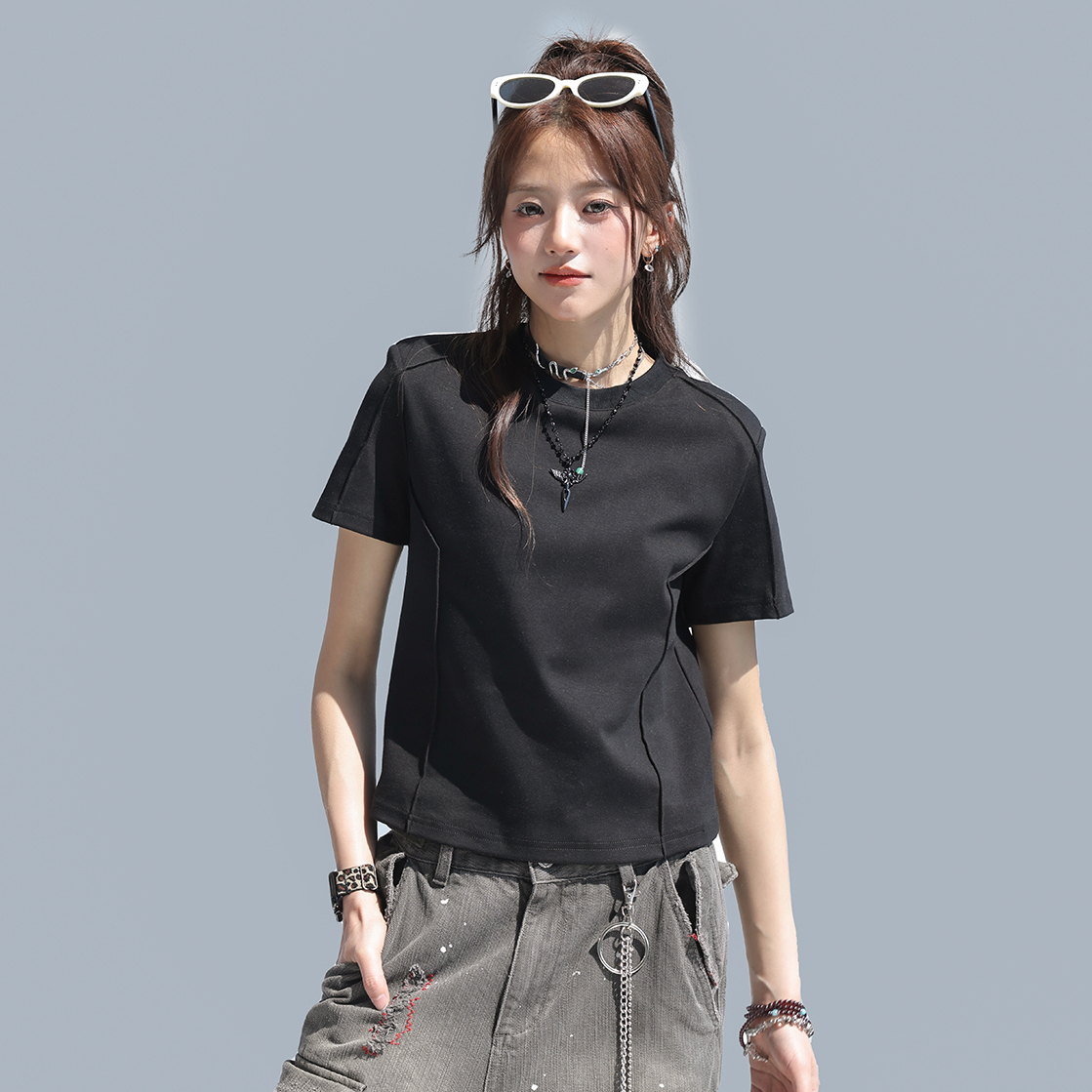圓領正肩短袖女t恤2025新款魚骨設計感上衣修身顯瘦