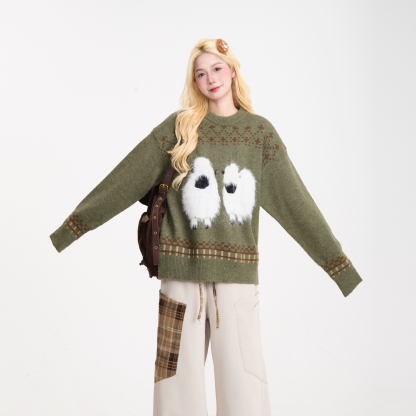 費爾島毛絨小羊毛衣女美式復古慵懶風秋冬寬鬆保暖針織衫