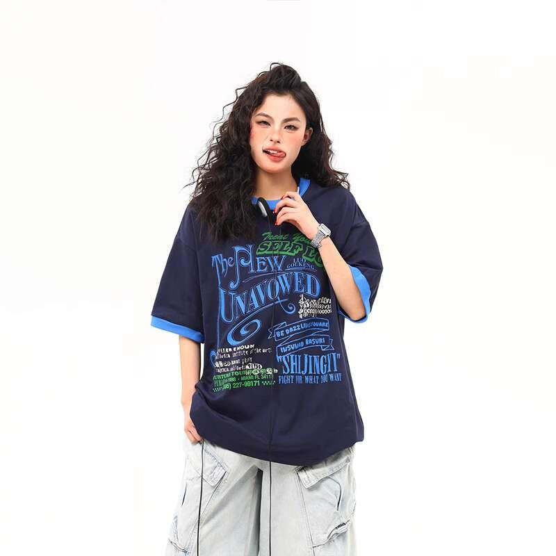 圓領撞色設計感美式復古字母短袖T恤女夏季潮牌上衣