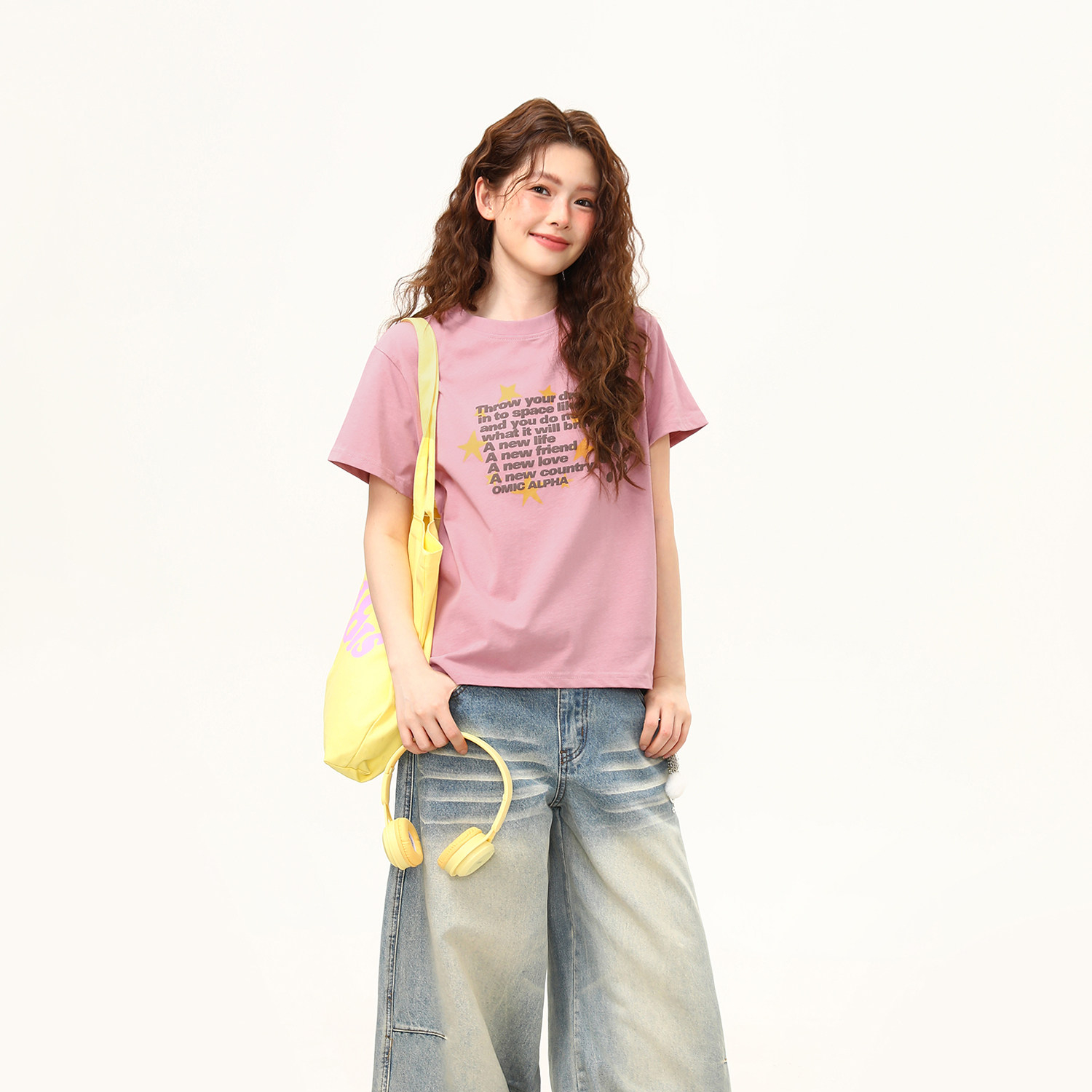 正肩T恤女美式復古發泡字母微寬鬆潮流短袖女