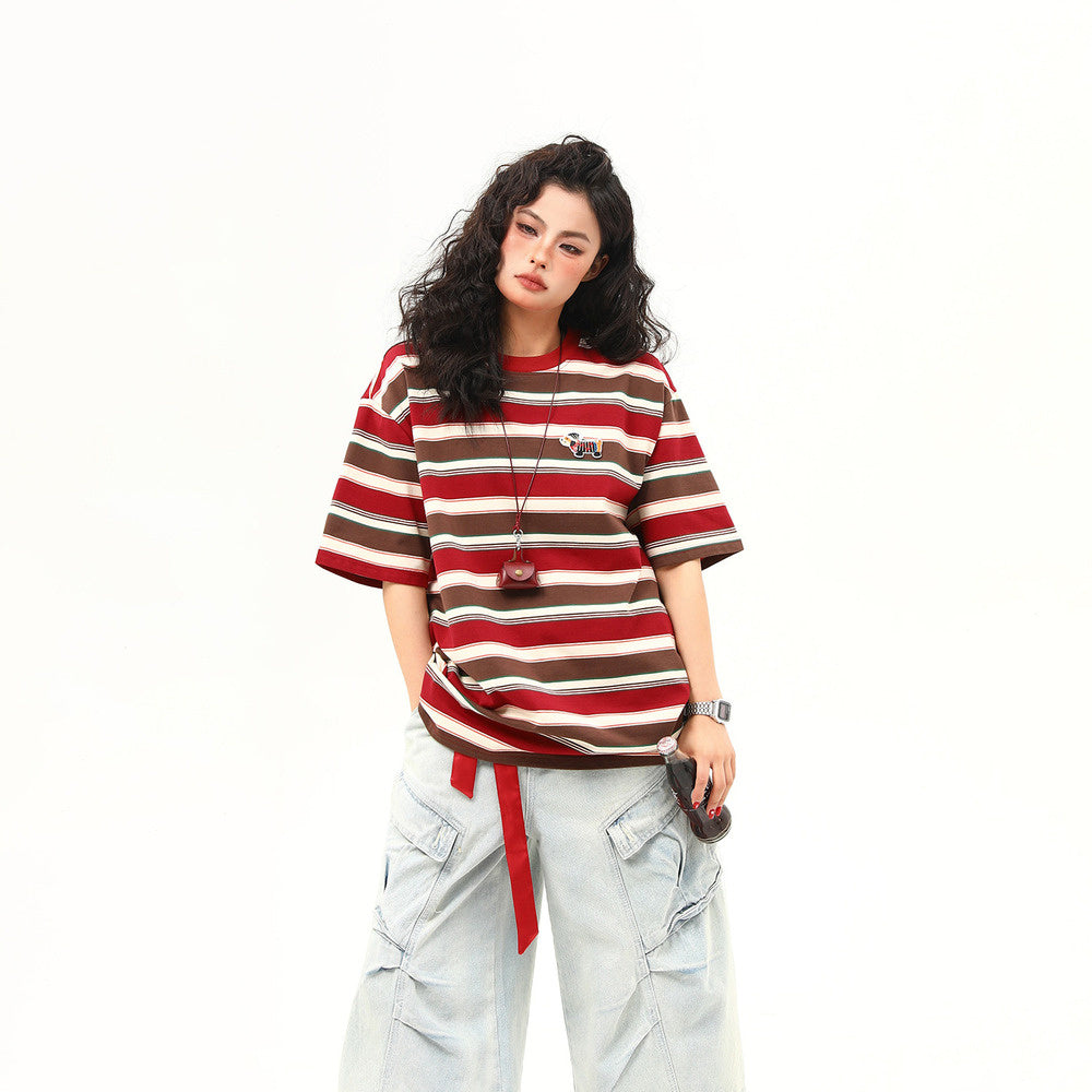 美式復古臘腸狗刺繡條紋短袖T恤女夏季寬鬆百搭體恤