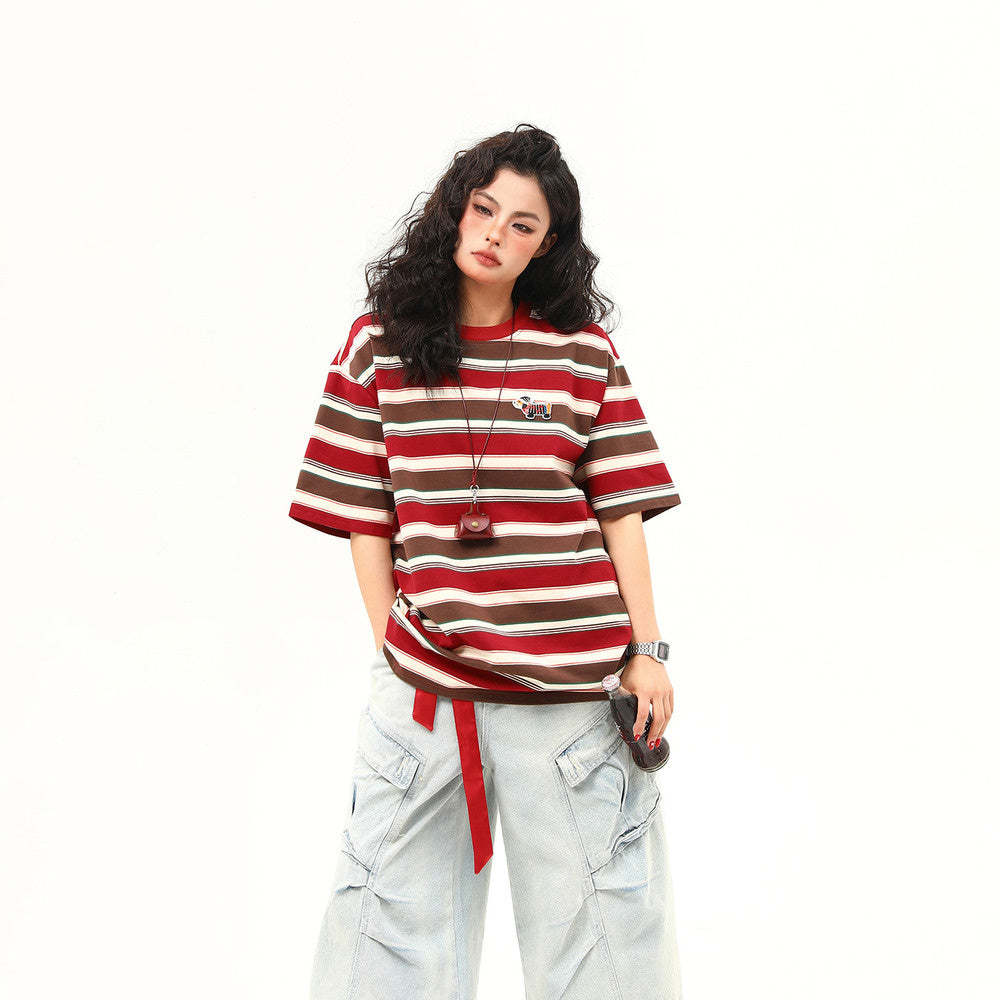 美式復古臘腸狗刺繡條紋短袖T恤女夏季寬鬆百搭體恤