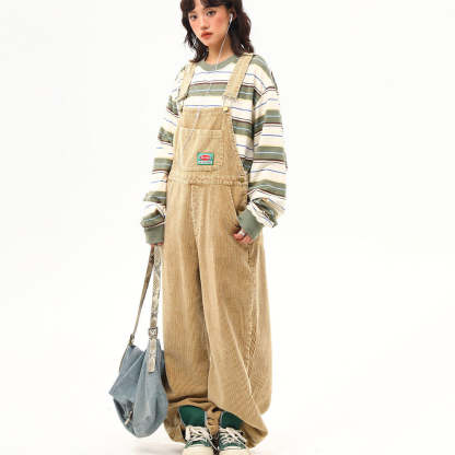 野生阿子2025春季新款美式灯芯绒背带裤女宽松阔腿工装直筒裤