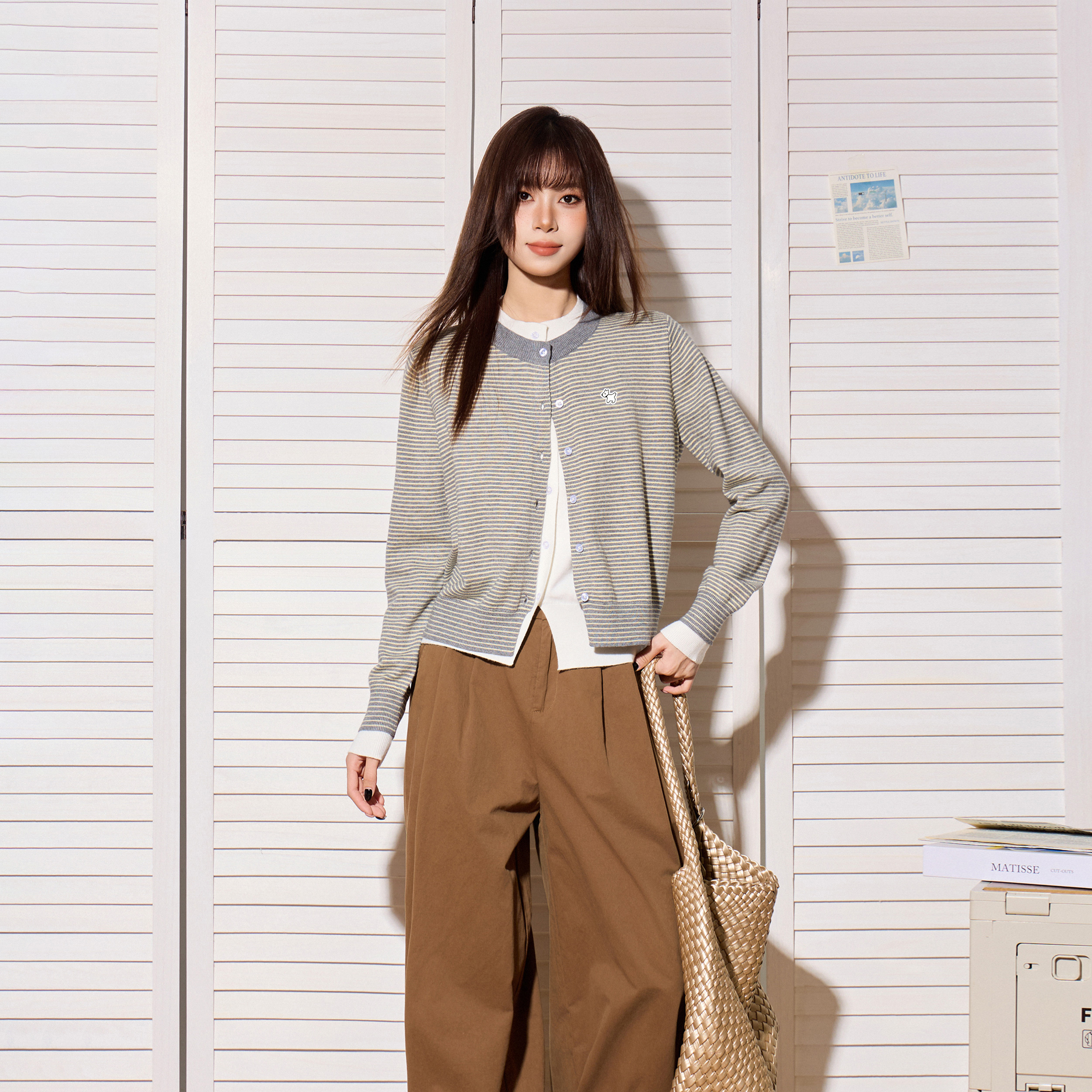 美式灰色條紋假兩件長袖針織開衫毛衣女秋冬短款內搭打底外套上衣