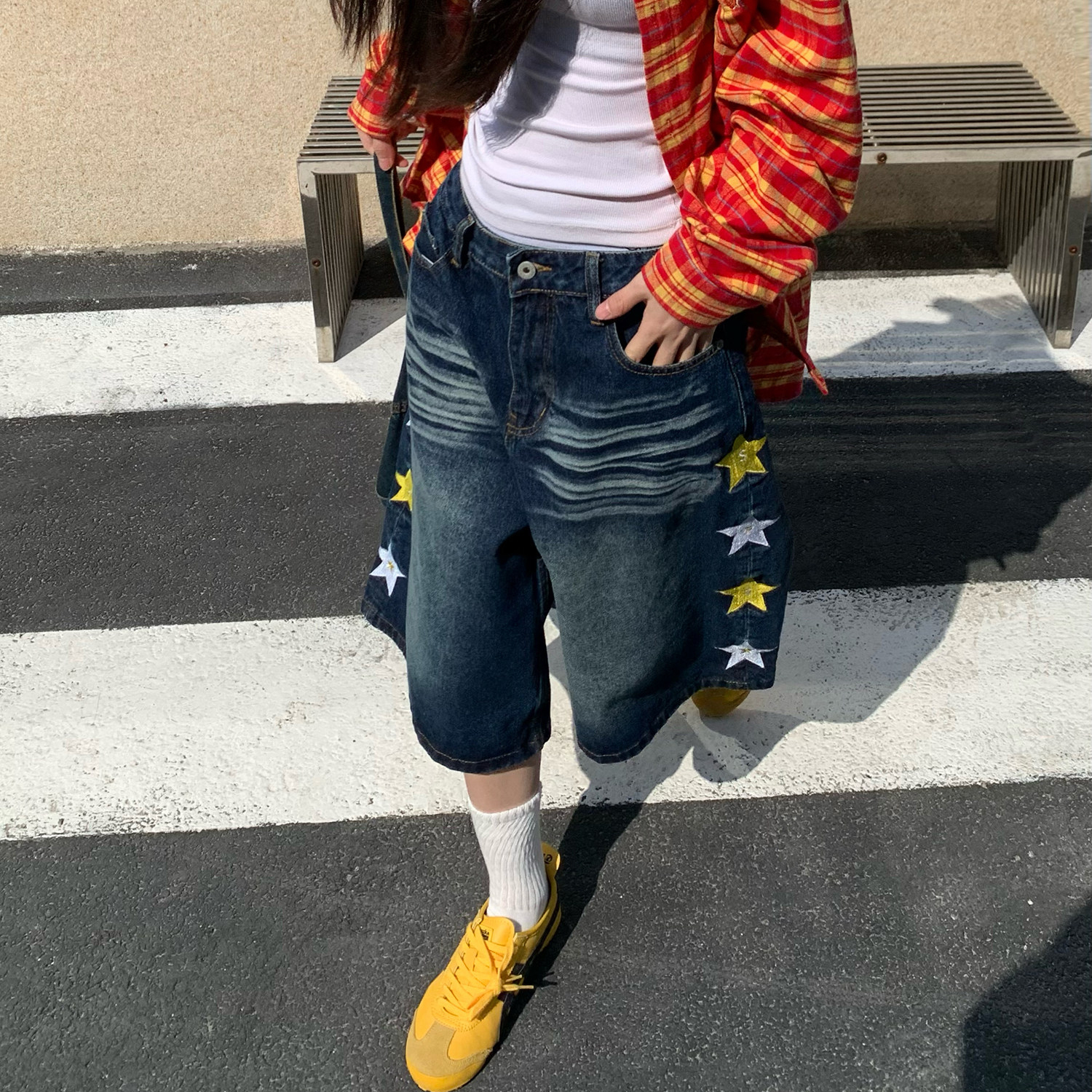 美式復古星星刺繡水洗牛仔七分褲女夏季寬鬆百搭短褲子