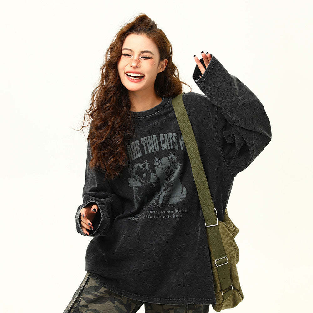 美式復古水洗長袖T恤女寬鬆百搭猫咪印花做舊圓領打底衫