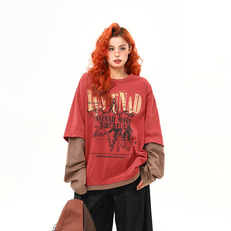 早秋新款美式復古印花假兩件圓領衛衣女百搭上衣