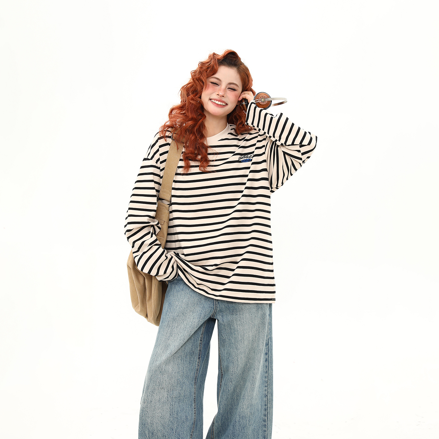 美式復古300G重磅條紋長袖T恤女早秋寬鬆上衣