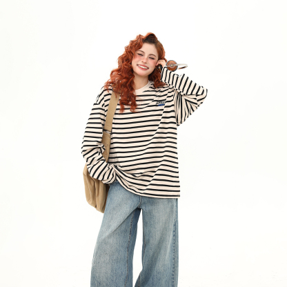 美式復古300G重磅條紋長袖T恤女早秋寬鬆上衣