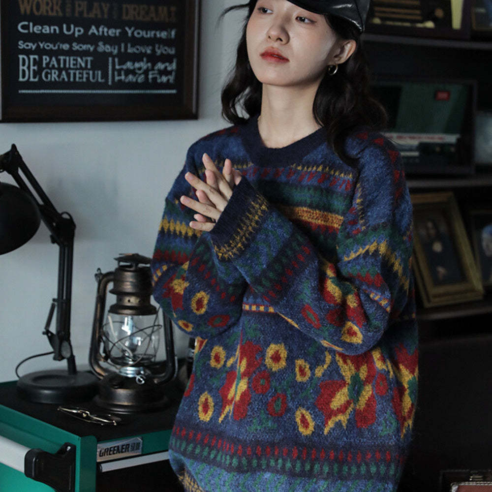 復古提花圓領套頭針織衫寬鬆慵懶風毛衣女秋冬