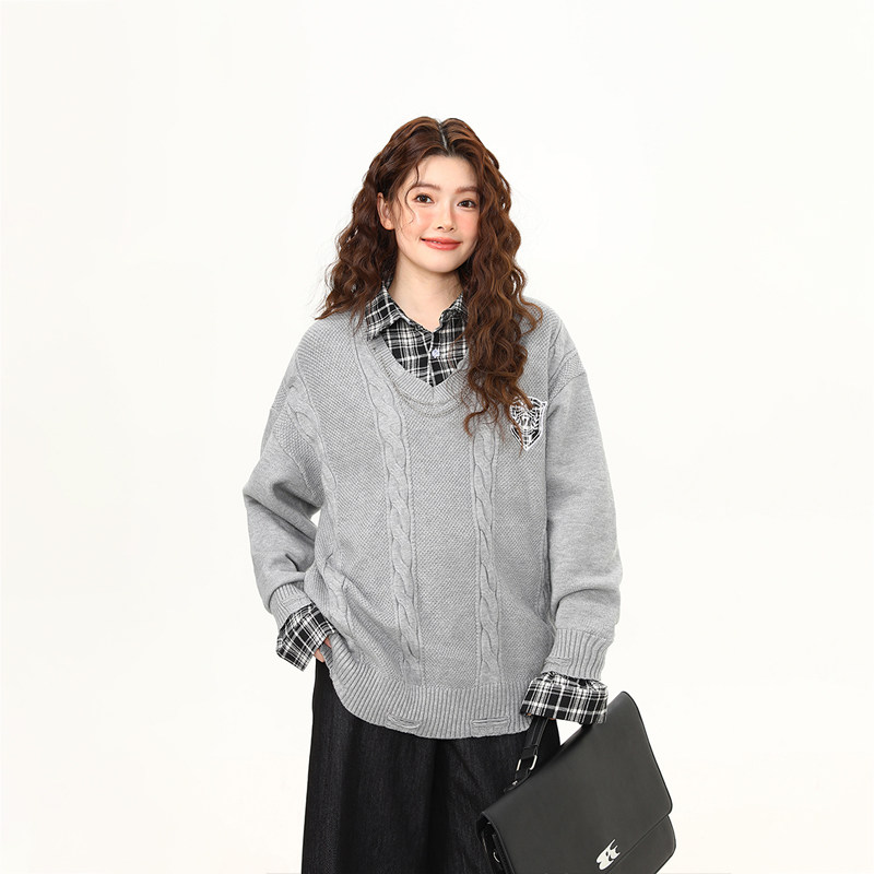 美式復古格子拼接假兩件針織衫毛衣女春秋學院風上衣