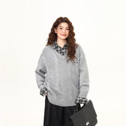 美式復古格子拼接假兩件針織衫毛衣女春秋學院風上衣