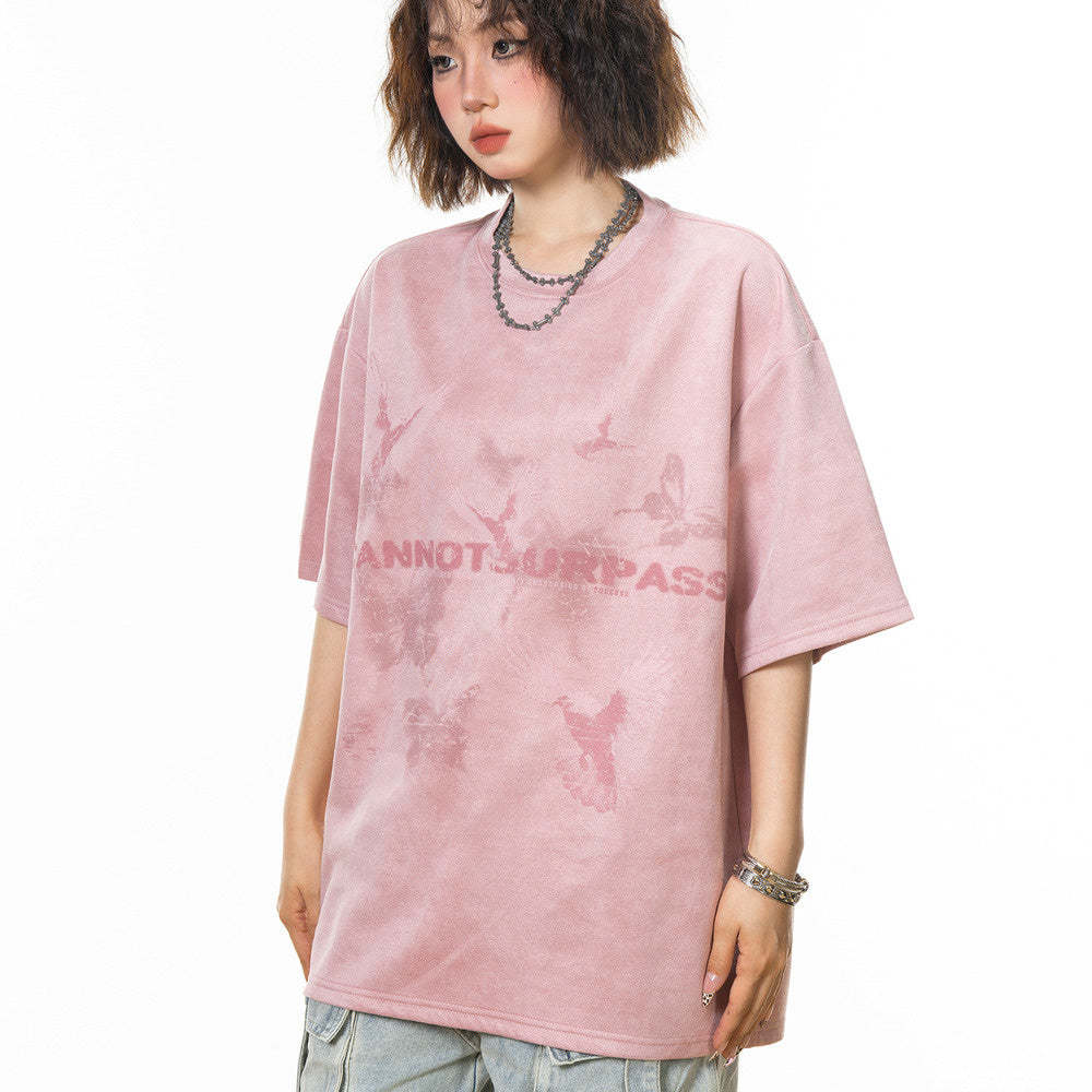 美式復古麂皮絨蝴蝶短袖t恤女夏季2025新款設計感寬鬆半袖上衣