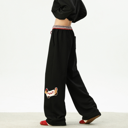 重磅臘腸狗衛褲女秋季新款小眾腰頭拼接設計感寬鬆闊腿長褲