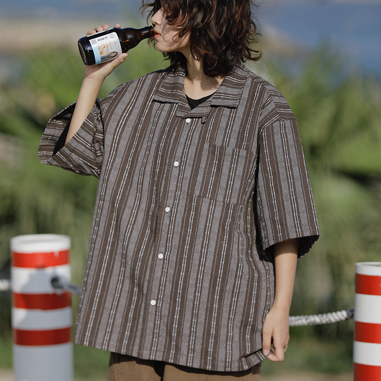 日系復古棉麻條紋短袖襯衫休閒古巴領寬鬆半袖襯衣