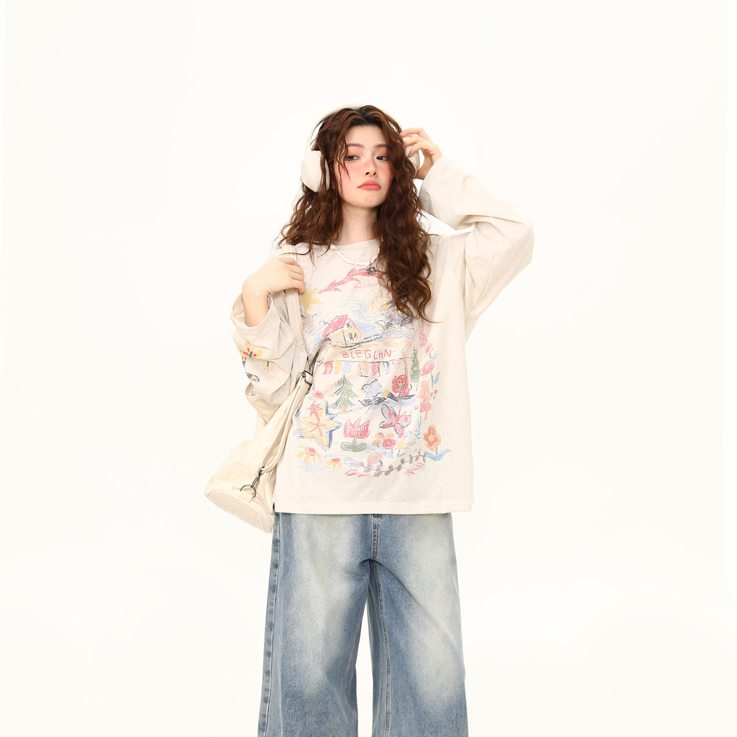 美式復古塗鴉印花長袖T恤女春夏寬鬆慵懶風防曬罩衫上衣