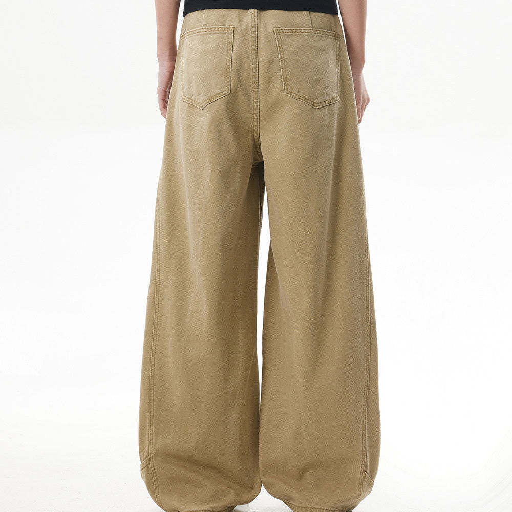 美式復古解構設計感vintage工裝褲女卡其色拼接彎刀褲