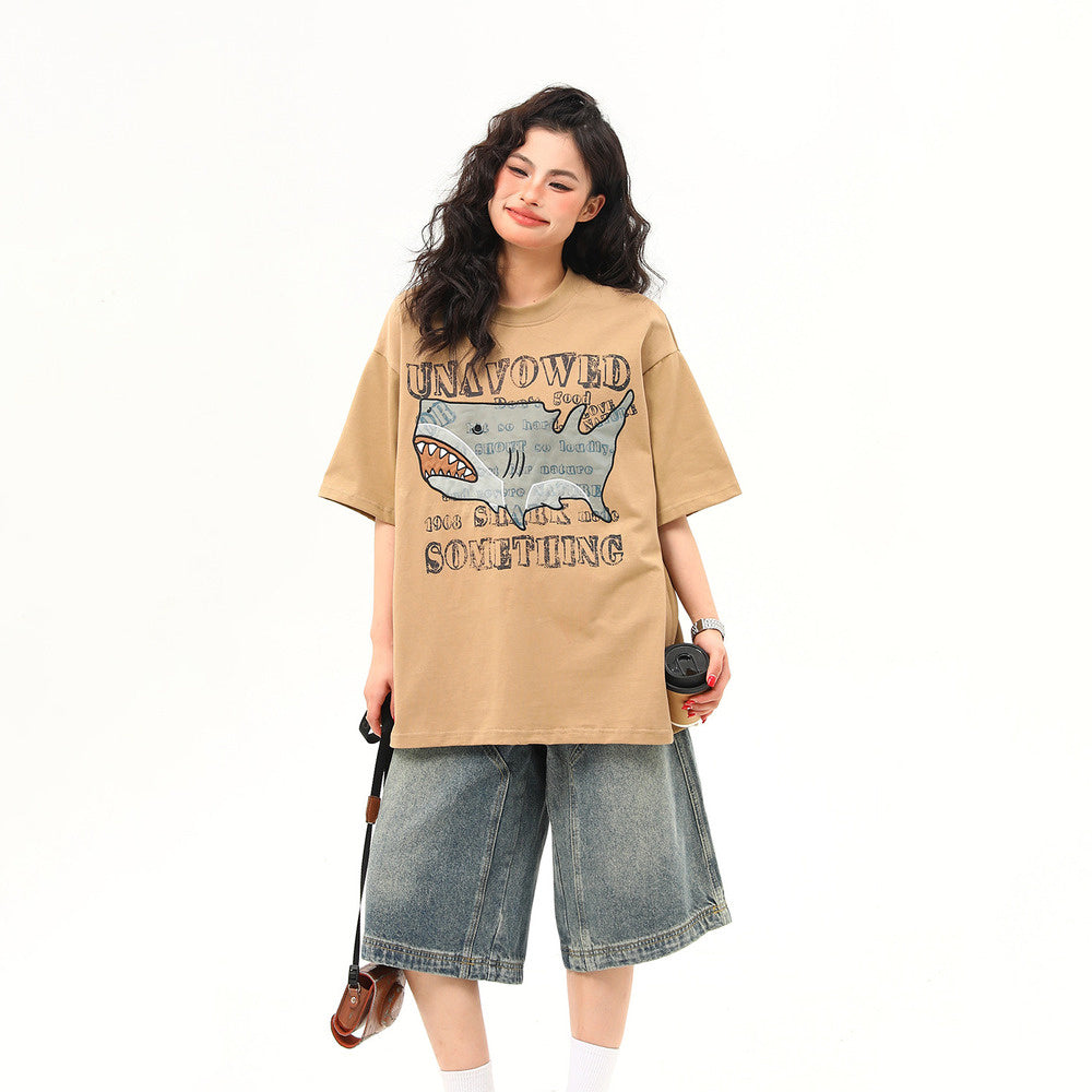 美式復古鯊魚貼布刺繡設計感短袖T恤女夏季百搭上衣