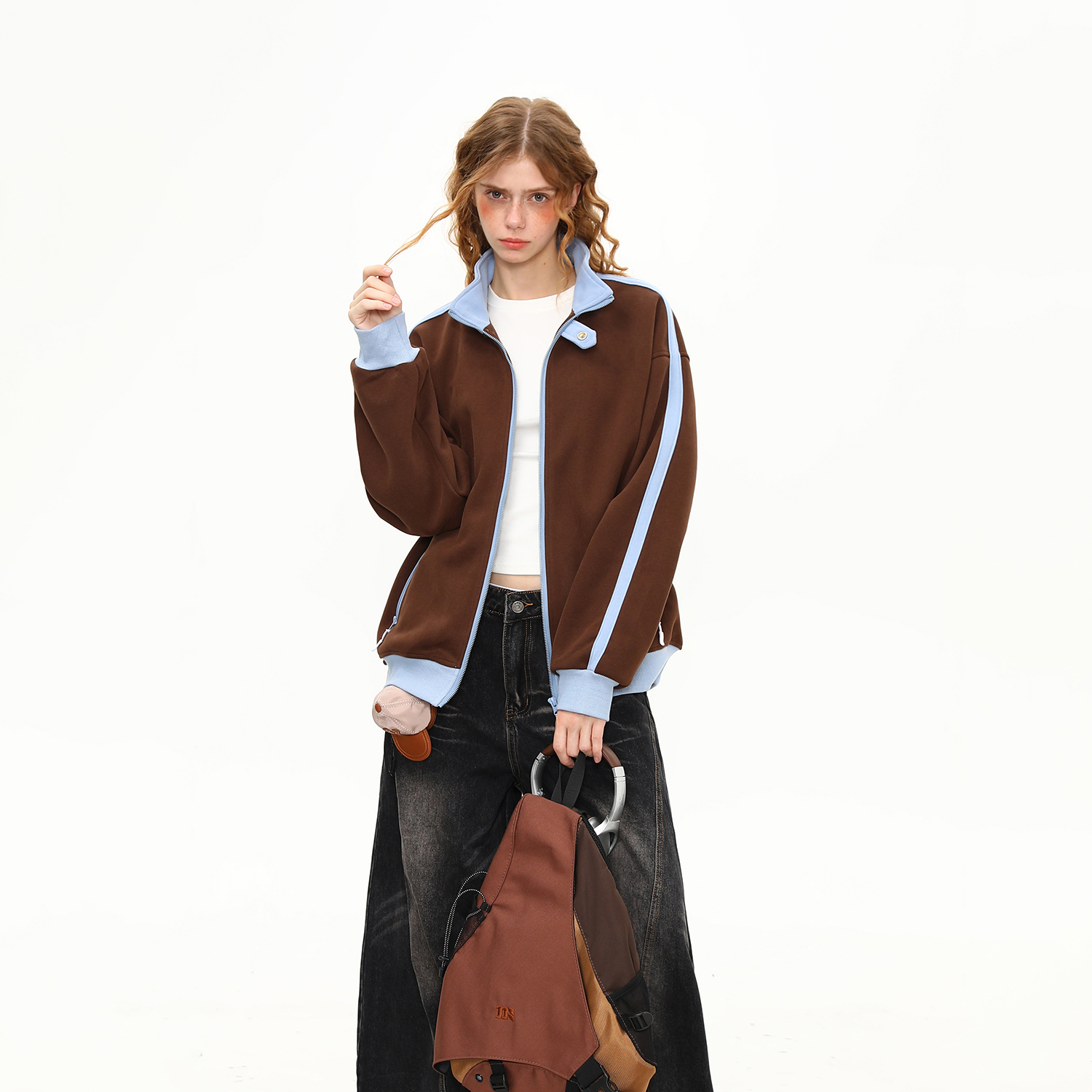 美式復古撞色立領外套女秋季新款拼接設計感衛衣夾克